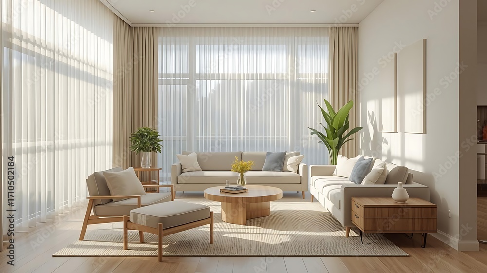Fototapeta premium Bright living room with large windows, white curtains, and neutral furniture