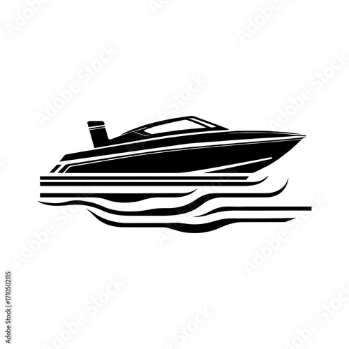 Sleek black motor yacht speeding through stylized blue waves, evoking speed, luxury, and maritime adventure