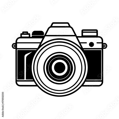 Classic camera icon stylized with bold black outlines and concentric circles on a clean white background, representing photography and visual arts.