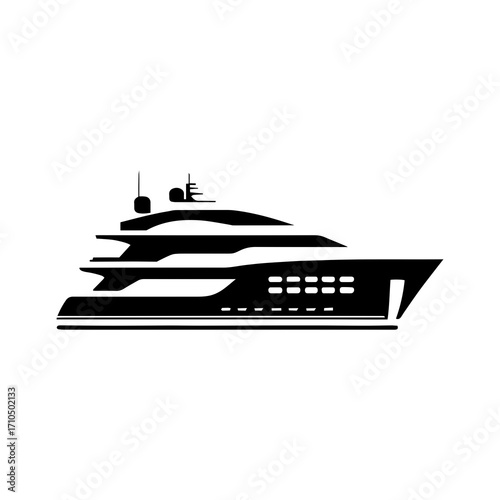 Sleek modern luxury yacht silhouette with multiple decks and windows, showcasing elegant maritime design and opulent seafaring lifestyle