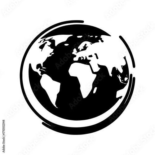 Stylized black and white depiction of planet Earth with continents visible, enclosed by abstract circular brush strokes representing global connectivity or movement
