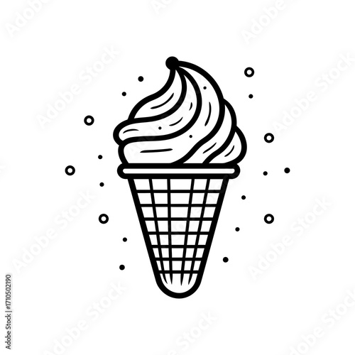 Stylized black line art of a soft serve ice cream cone with swirling texture and dots scattered around, perfect for summer themes and dessert graphics.