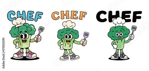 Three cartoon broccoli characters with happy faces and chef's hats, holding a spatula, a simple and healthy vector illustration for cooking.