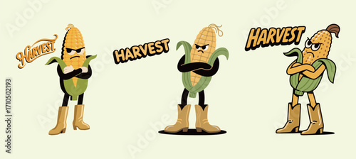 Three cartoon corn on the cob characters with grumpy expressions, wearing boots and arms crossed, a simple vector illustration for harvest season.