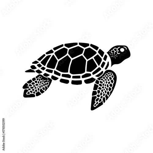 Stylized silhouette of a sea turtle gracefully swimming with patterned shell and flippers, a classic marine life representation