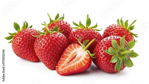 Wallpaper Mural Ripe red strawberries with green tops including one cut in half are arranged on a white surface Torontodigital.ca