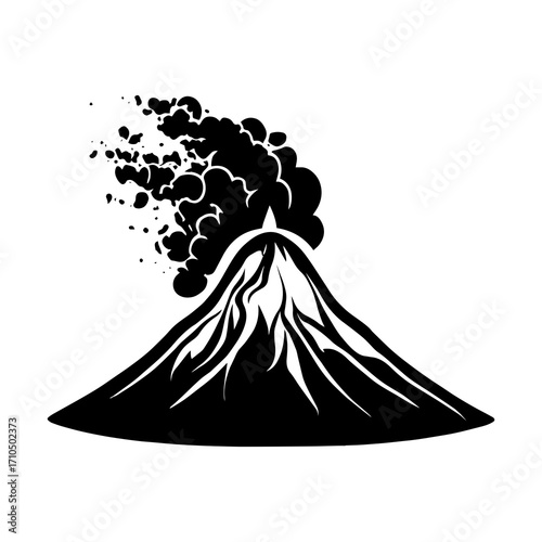 Stylized black silhouette of an erupting volcano with smoke and ash plume, conveying natural power and geological activity