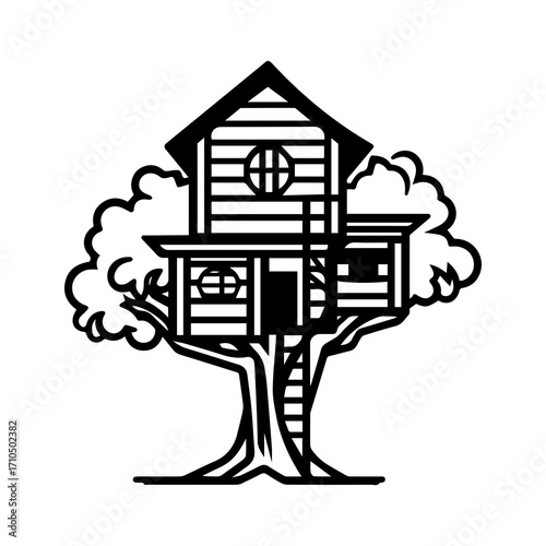 Stylized black and white depiction of a multi-level treehouse with a ladder, perched in a strong tree with expansive branches and foliage.