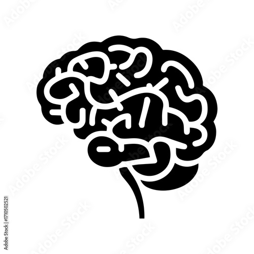 Black silhouette of a human brain with cerebral cortex convolutions and brainstem visible against a white background