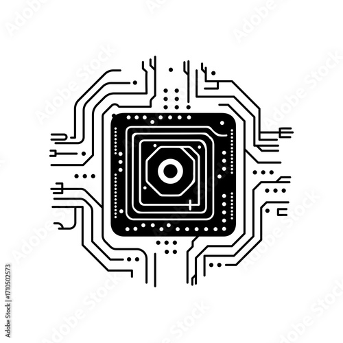 Stylized black and white representation of a central processing unit chip with surrounding circuit board connections and pathways, symbolizing technology and innovation.