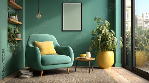 Teal armchair with yellow pillow in a room with green walls