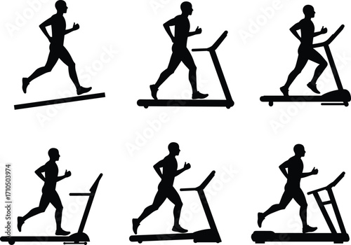 PrintSilhouette illustrations of man running on treadmill, fitness exercise, cardio workout, gym training, healthy lifestyle, sport activity, vector icons