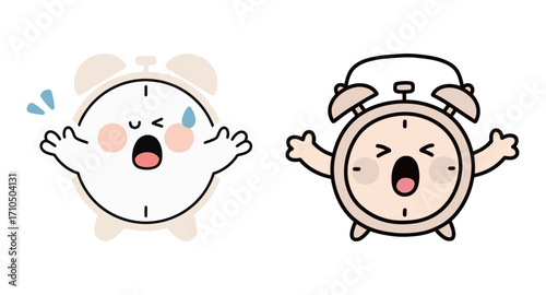 A set of two cute and shocked cartoon alarm clock characters with wide-open mouths and hands in the air.