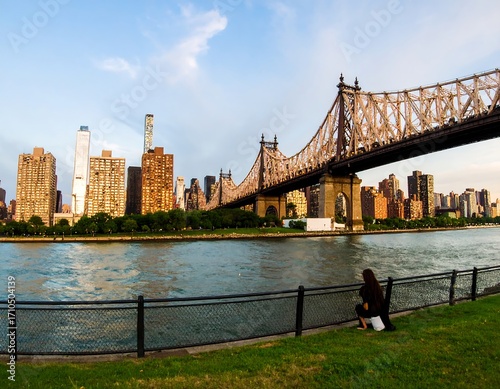 City skyline, bridge, and river.  A tranquil scene
