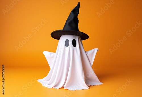 Halloween ghost with party hat on orange background