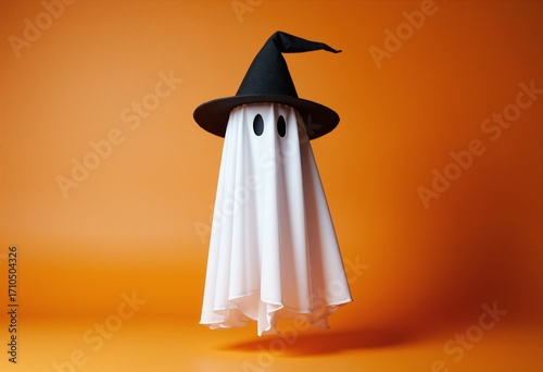 Halloween ghost with party hat on orange background