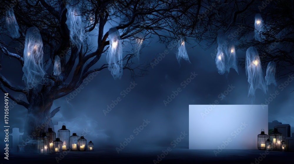 Obraz premium A spooky nighttime scene featuring a blank canvas, a gnarled tree draped in ghostly apparitions, illuminated lanterns, and a foggy background, perfect for Halloween themes, with space for text
