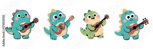 A set of four cute cartoon dinosaur characters playing a ukulele, looking happy and cheerful.