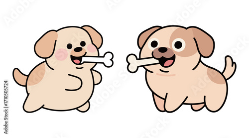 A set of two cute cartoon puppy dogs happily playing with a bone in their mouth.