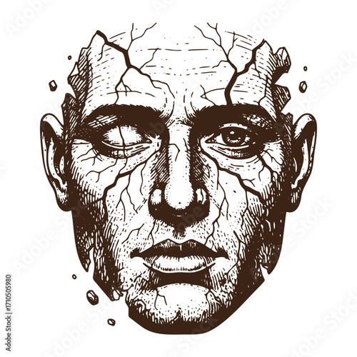 Cracked Man Face Engraving Vector