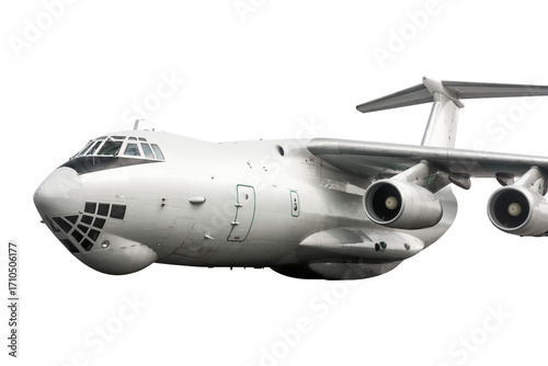 White wide body cargo freight aircraft flies isolated