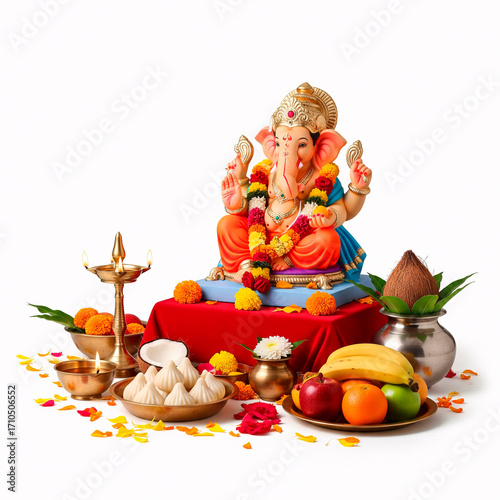 Hindu God Ganesha with flowers and fruits on white background