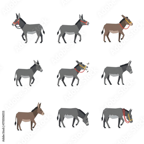 Collection of nine cartoon donkey illustrations in various poses and colors, some wearing bridles, isolated on a white background.
