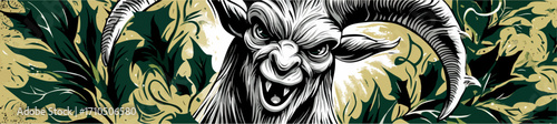 Mystical Goat Demon Illustration with Horns and Foliage – Dark Fantasy Art in Green and Beige, Vector Drawing for Posters and Tattoos