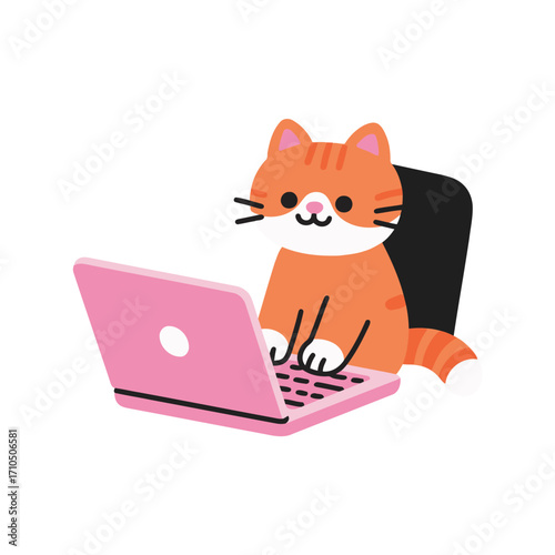 A cute cartoon ginger cat character sitting at a desk and using a pink laptop computer.