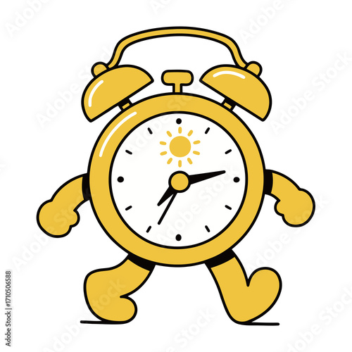 A cute and funny cartoon alarm clock character with a sun on its face, happily walking to wake up.