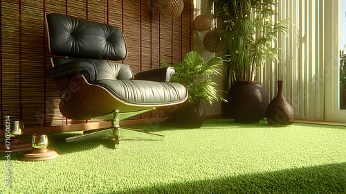 A black leather armchair in a room with green shag carpet and wood paneling.