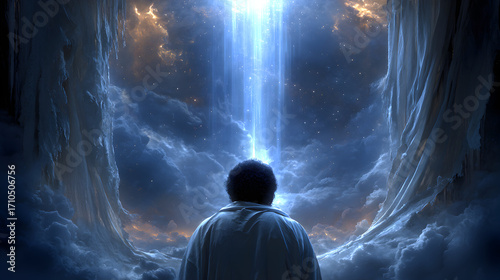 A boy stands facing a bright light emanating from a celestial, cavernous space.