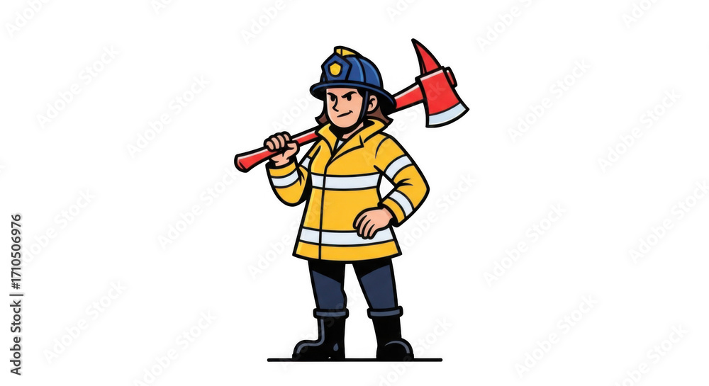Obraz premium Firefighter in yellow uniform holding axe ready for action and rescue.