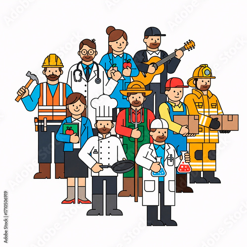 illustration of a group of workers in different professions and professions.