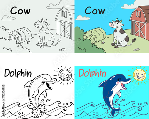 a happy cow in a barn, a dolphin jumping in the water,  coloring book pages