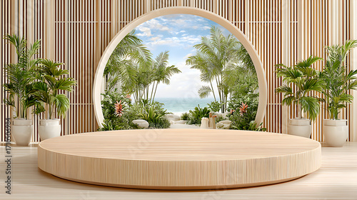A circular, light beige platform with tropical beach backdrop. Two potted plants flank the platform.