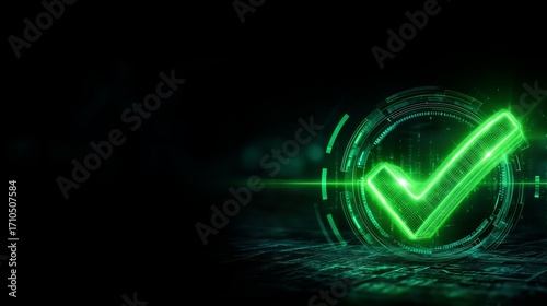 A digital checkmark glowing in neon green on a dark background. Abstract tick. Approved sign. The design emphasizes approval, success, and modern digital aesthetics.