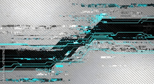 Glitch effect overlaying a carbon fiber texture with glowing cyan digital circuit lines
