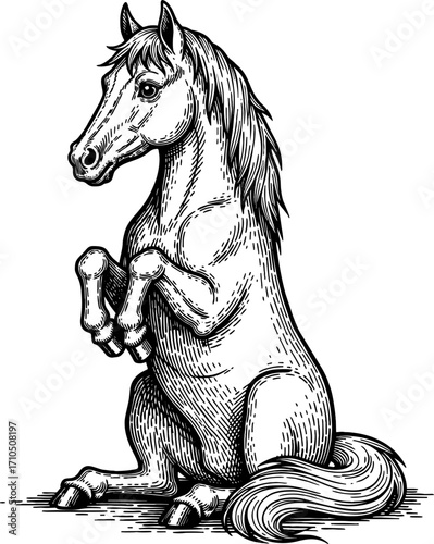 Old engraved illustration of Horse gait (extended trot), Equine anatomy