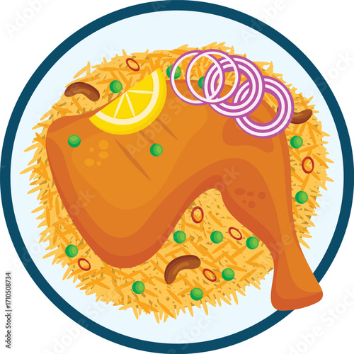 Top-down vector illustration of a savory chicken biryani plate, featuring a seasoned chicken leg over basmati rice, garnished with red onion and lemon
