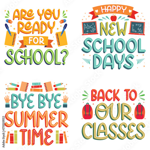 Colorful Back to School Illustration with Engaging Typography and Playful Design Elements Featuring School Related Items