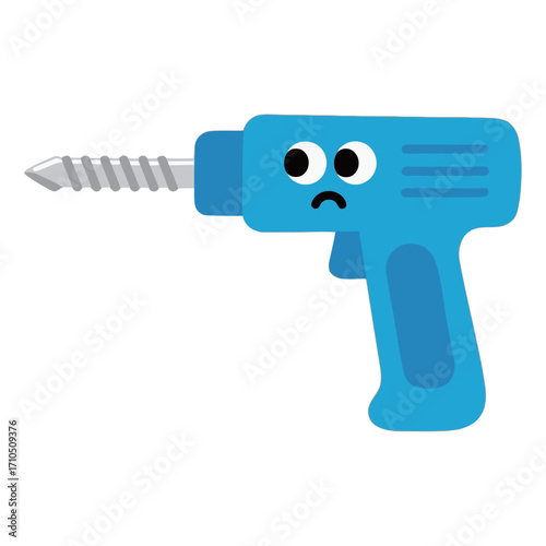 A cute and unhappy cartoon drill character with a sad face, a tool for construction or DIY.