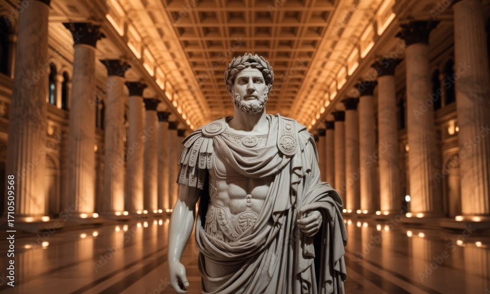 Obraz premium Ancient Roman statue, bathed in warm light, in a grand colonnaded hall