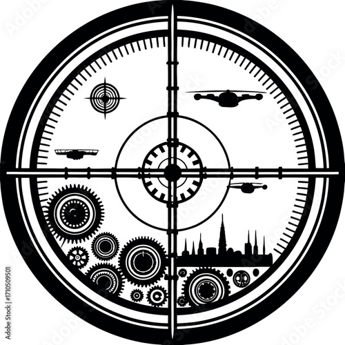 Black and white graphic of a targeting reticle with steampunk elements gears cityscape