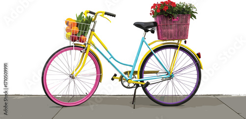 Colorful bicycle with fruit basket and flower decor, healthy lifestyle illustration for eco-friendly transport, nutrition awareness, and outdoor design