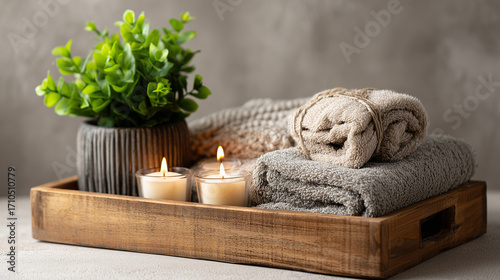 photo of a wooden tray with candles and towels on it. on the left is a green plant