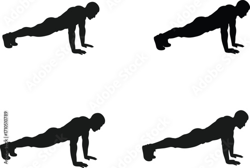 PrintSilhouette man push up exercise, bodyweight strength training workout, fitness gym routine, healthy lifestyle activity, sport illustration vector, gym exercise graphic