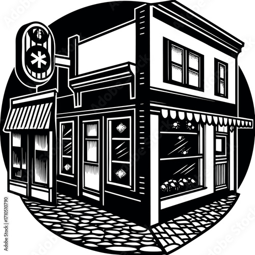 Black and white illustration of a corner building with awnings and a sign storefront architecture