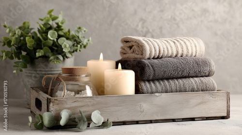 photo of a wooden tray with candles and towels on it. on the left is a green plant