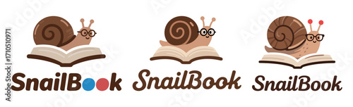 Cute snail character wearing glasses and reading a book, a creative logo.